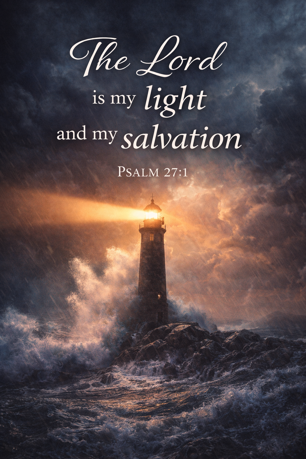 Lighthouse standing on rocky shore against stormy dark seas, powerful beam of light cutting through dark storm clouds, text "The Lord is my light and my salvation -- Psalm 27:1" -- vertical HD Bible verse wallpaper
